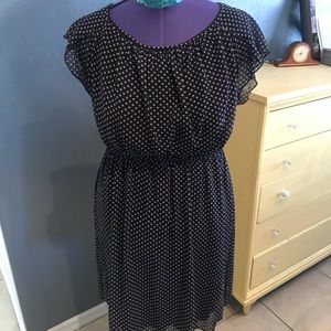 Navy blue/tan polka dot gathered waist sun dress